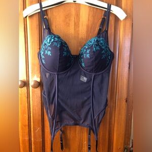 Vintage Maidenform Navy Blue Sheer Mesh Corset w/ Green Glitter Accents Size 38D